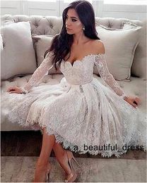 Elegent Lace Short Dress Wedding Off The Shoulder Knee-length Long Sleeve Wedding Dress With Belt Illusion Bridal Wedding Gowns