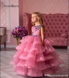 Kids Formal Wear Low Cupcake Pageant Dresses for Girls Tiered Ruffles Sweep Train with Lace Appliques Bow Flower Girl Dresses