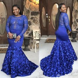 Elegant Royal Blue Mermaid Prom Dresses Sheer Long Sleeves Illusion Plus Size Applique Beading 3D Flowers Long Sexy Party Evening Gowns