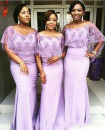 African Black Girl Mermaid Bridesmaid Dresses Off Shoulder Lace Wrap Plus Size Sweep Train Custom Maid Of Honor Wedding Guest Dress