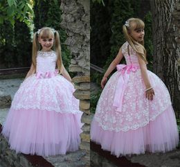 White and Pink Girls Pageant Dress Lace Tulle Ball Gown Floor Length Big Bow Sash Toddler Birthday Party Evening Gown Kids Prom Dresses