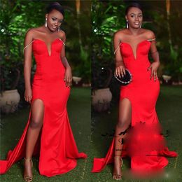 Mermaid 2020 Red Prom Dresses Satin Beaded Straps Off The Shoulder Side Slit Sweep Train Custom Made Evening Party Gown Formal Ocn Wear