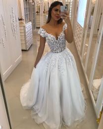 Elegant Lace Beaded Beach Wedding Dresses Sheer Jewel Neck Sweep Train Bridal Gowns Organza Sequined robe de mariée