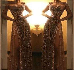 2020 Off Shoulders Event Evening Dresses Robe Sexy sequined high Side Split Women Wear Formal Party Prom Gown Custom Made Plus Size