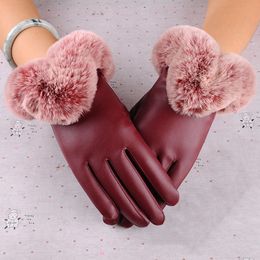 Fashion-Women Warm Thick Winter Gloves Leather Free Size With Fur Female Touch screen Gloves