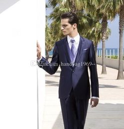 New Design One Button Navy Blue Groom Tuxedos Notch Lapel Groomsmen Mens Suits Wedding/Prom/Dinner Blazer (Jacket+Pants+Vest+Tie) K243