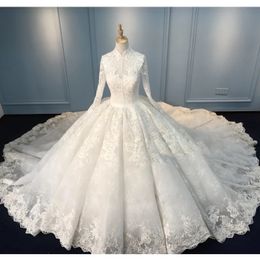 Gorgeous Lace Ball Gown Wedding Dresses Long Sleeves High Neck Appliqued Bridal Gowns Court Train Sequined Tulle robes de mariée