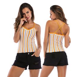 Summer V Neck striped Tank Tops Stylish Cross back Strips Backless Vest Blouse Women Fashion Tees LJJA2534