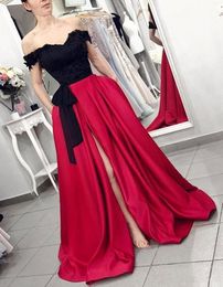 Setwell Off Shoulder A-line Evening Dresses Black And Red Short Sleeves Lace Appliques Split Pleated Floor Length Prom Party Gowns