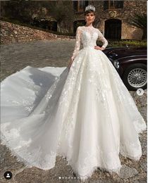 Country Ball Gown Long Sleeve Muslim Wedding Dresses Lace Applique Organza Vintage Wedding Dress Bridal Gowns 2019 Vestidos De Novia