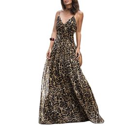 Women Leopard Print Long Dress V Neck Spaghetti Shoulder Straps Summer Beach Dresses 2019 Sleeveless Casual Maxi Dress Vestidos J190601