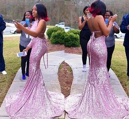 Sparkling Bling Sequins Mermaid Prom Dresses Backless 2020 Plus Size Party Evening Gowns African Robe De Soiree Celebrity Special Occasion