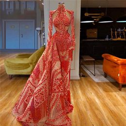 Long Sleeve High Neck Illusion Mermaid Evening Dress Detachable Train Arabic Formal Party Gown 2020 Prom Dresses Robe De Soiree