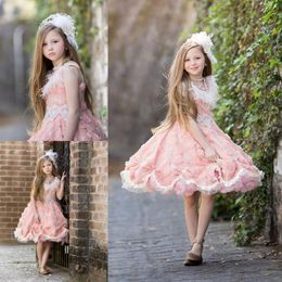 flower girls dresses jewel neck ruffles beads feather hand made flowers tulle pageant dresses knee length girls party gowns