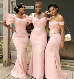 Ruched Dresses Light Pink Satin Off Shoulder Mermaid Maid of Honor Gowns for Wedding Plus Size Bridesmaid Dress