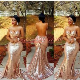 Sexy Sequined African 2019 Mermaid Prom Dresses Backless Rose Gold Straps Party Gowns Robe De Soiree Pageant Formal Evening Dress Cheap