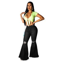 Women Bell Bottom Jeans Ripped High Waist Classic Flared Pants Wide Flared and Frayed Hem Denim Long Pants