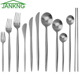 JANKNG 6Pcs Silver Stainless Steel Dinnerware Sets Forks Knives Chopsticks Little Spoon for Coffee Kitchen Tableware Party Accessory