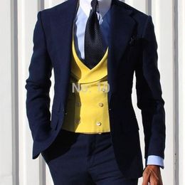 New Arrival Navy Blue Man Work Suit Notch Lapel Men Wedding Prom Party Groomsmen 3 pieces Suits Groom Tuxedos (Jacket+Pants+Vest+Tie) K180