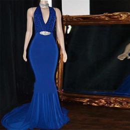 2020 Royal Blue Mermaid Evening Dress Black Girl Deep V Neck Spaghetti Formal Patry Gown Plus Size Prom Dresses