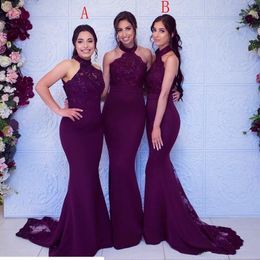 New Cheap Grape Bridesmaid Dresses For Weddings Halter Neck Lace Sequins Sleeveless Mermaid Plus Size Formal Maid Of Honor Gowns Under 100 403
