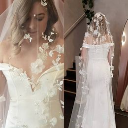 Gorgeous One Layer Wedding Bridal Veils White Ivory Lace 3D Floral Appliques Beaded Long Veil Custom Made