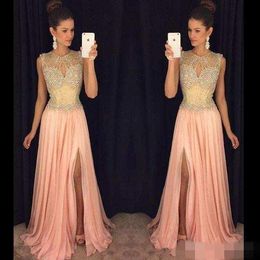 Blush Pink Prom Pageant Dresses 2019 Luxury Crystal Beaded Jewel Sexy Split Flowy Chiffon Cap Sleeve Evening Wear Gowns