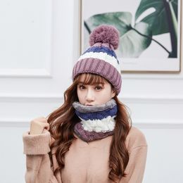 Winter Warm Pom Poms Wool Hat And Scarf Set For Women Rainbow Striped Knitted Windproof Hats Scarf Set Women Beanie Hat Skullies