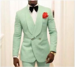 New High Quality Double Breasted Tender green Wedding Groom Tuxedos Shawl Lapel Groomsmen Mens Dinner Blazer Suits (Jacket+Pants+Tie)005