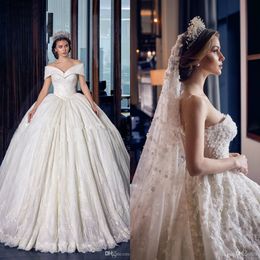 Elegant Lace Ball Gown Wedding Dress Off Shoulder Backless Bridal Gown Cathedral Train Dubai Arab Wedding Dress Plus Size