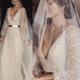 Shinning Sheer Long Sleeves Wedding Dresses With Deep V Neck Sequins Sparkly Belt A Line Bridal Gowns Sexy Vintage Wedding Vestidos