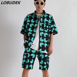 Men's Set Geometric Pattern Shirt Shorts 2-Pieces Tide Male Singer Dancer Hip Hop Rock Dance Costume Nightclub Concert Show Stage Outfit