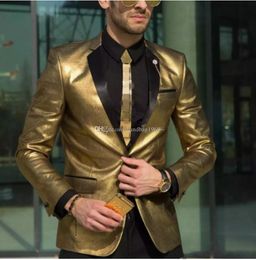 Popular One Button Gold Satin Groom Tuxedos Notch Lapel Groomsmen Mens Suits Wedding/Prom/Dinner Blazer (Jacket+Pants+Tie) K313