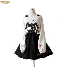 Lapin Comic Robe Noire Ados Filles 2 Costume Court Sweet Dress Coton Pcs Lapin Mignon Impression à Manches Longues Robe Lolita