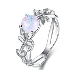 Fashion Silver Colour Crystal Flower Vine Leaf Design Rings for Women Femme Opal Ring Vintage Party Bohemian Jewellery Anillos