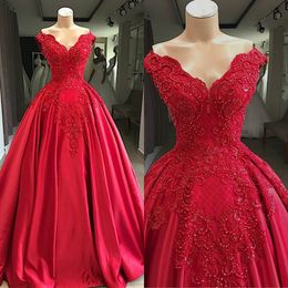 Saudi Arabic Red Beaded Prom Dresses Delicate Appliques Lace A Line Prom Gowns Plus Size Robe De Soiree Abendkleider