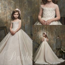 Dreamly A Line Flower Girl Dresses Jewel Long Sleeve Lace Applique Pearls Pageant Dress Floor Length Girl's Birthday Part