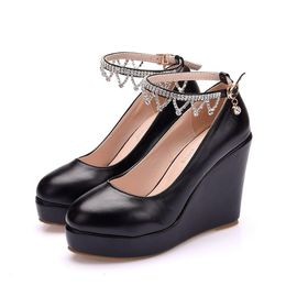 Black And White Wedge Pumps Large Size Round Toe Super High Heels Women Wedding Shoes Platform Ankle Strap
