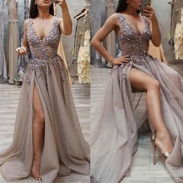 2020 Sparkly Crystals Sequins Backless Evening Gowns Side Split Formal Party Dress Sexy Deep V Neck Gray Arabic A Line Prom Dresses