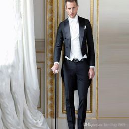 New Design Black Tailcoat Groom Tuxedos Peak Lapel Groomsmen Mens Suits Wedding/Prom/Dinner Blazer (Jacket+Pants+Vest+Tie) K252