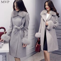 Solid Long Sleeve Winter Collar Woollen Long Jackets Fur Cashmere Casual Coat Women 2018 Turn-Down Women Collar Cardigan Coat