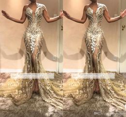 New Luxury Beading Pearls One Shoulder Mermaid Prom Dresses Lace Appliqued Front Split Evening Dresses Party Pageant Gowns bc0614