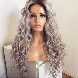 Hotselling Ombre Hair Grey Wig Deep Curly Brazilian Full Lace Front Wig with Baby Hair 180% Density Ombre Synthetic Wigs for Black Women
