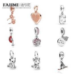 FAHMI 100%925 Sterling Silver 1:1 Cat Puppy Rose Ear Headband Long Peach Series Fan Snowboarder Dangle My Rock Suitcase Rose Heart Pendant