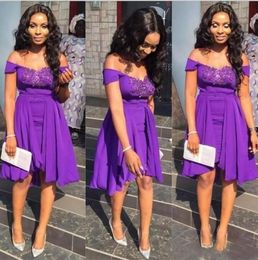 Short Purple Bridesmaid Dresses 2020 Chiffon Country Off Shoulder Peplum Backless Maid of Honour Dresses Custom Plus Size Wedding Guest Dress