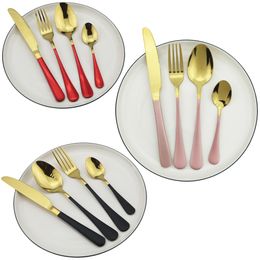4 Pcs/Set Knife Fork Spoon Dinner Set Plated Mirror Cutlery 304 Stainless Steel Dinnerware Gold/Pink/Black/Red Flatware Western Tableware