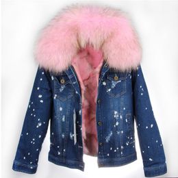 2019 Cold resistant women snow jackets pink raccoon fur trim pink fox fur lining mini dark blue hole denim parkas