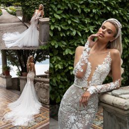 Julie Vino Mermaid Wedding Dresses Sheer V Neck Lace Appliqued Backless Wedding Gown Custom Made Bridal Dress robe de mariee