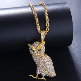 Iced Out Animal Owl Pendant Full Rhinestones Bling Necklace Gold Silver Colour Hip Hop Rapper Jewellery for Women Mens Necklaces