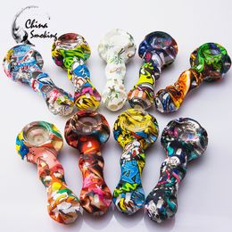 DHL Silicone Hand Pipe with smoke glass bowl water transfer printing pipes random Colours Silicon dab rig Hookah Bongs
